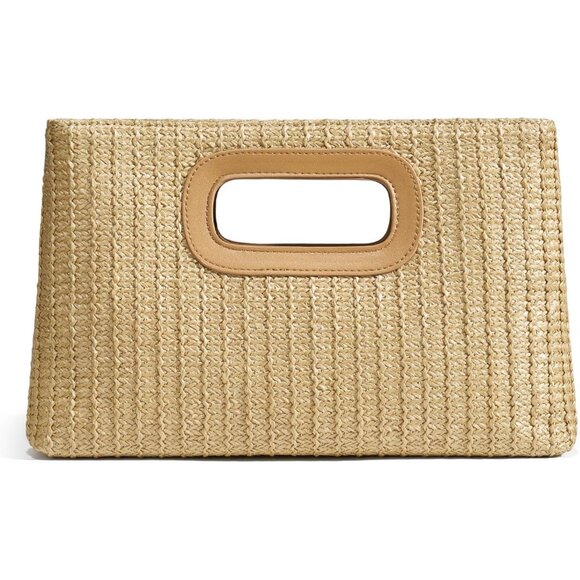 Tan Straw Clutch Purse for Women with Top Handle Summer Boho Beach Bag - Picture 1 of 6